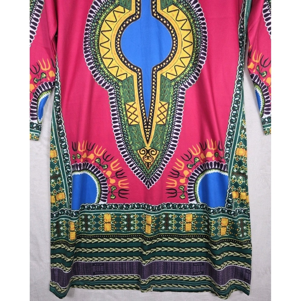 NWT Dashiki Print Tunic Dress XL Pink Blue Boho Tribal Casual Travel 3/4 Sleeve - Picture 5 of 10